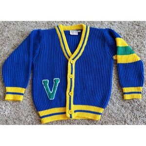 Vintage Yellow Bird Letter Varsity Style Cardigan Sweater Size 2T Button Blue
